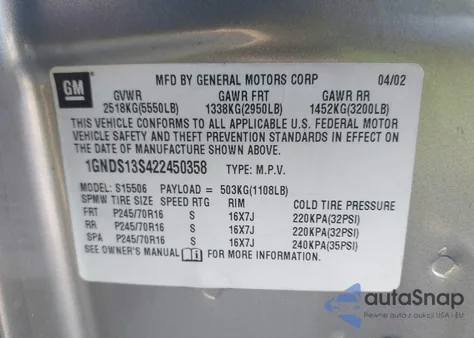 2002 Chevrolet Trailblazer Ls from USA, damaged, VIN 1GNDS13S422450358